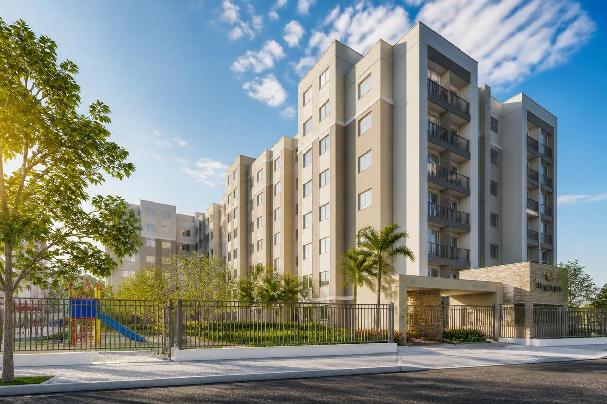 Perspectiva do condomínio residencial com áreas de lazer e apartamentos modernos